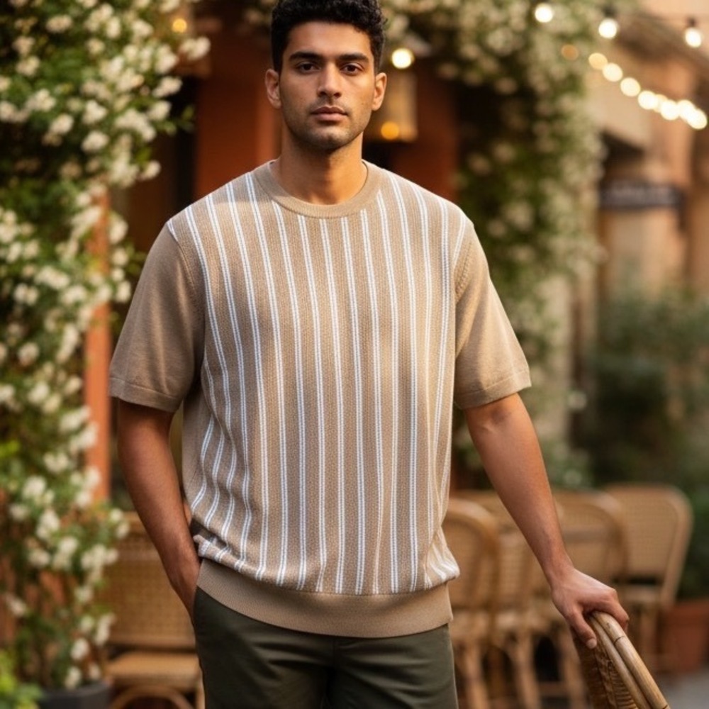 Ben Sherman Mens Short Sleeve Knit Sweater Timberwolf Tan Striped Preppy British